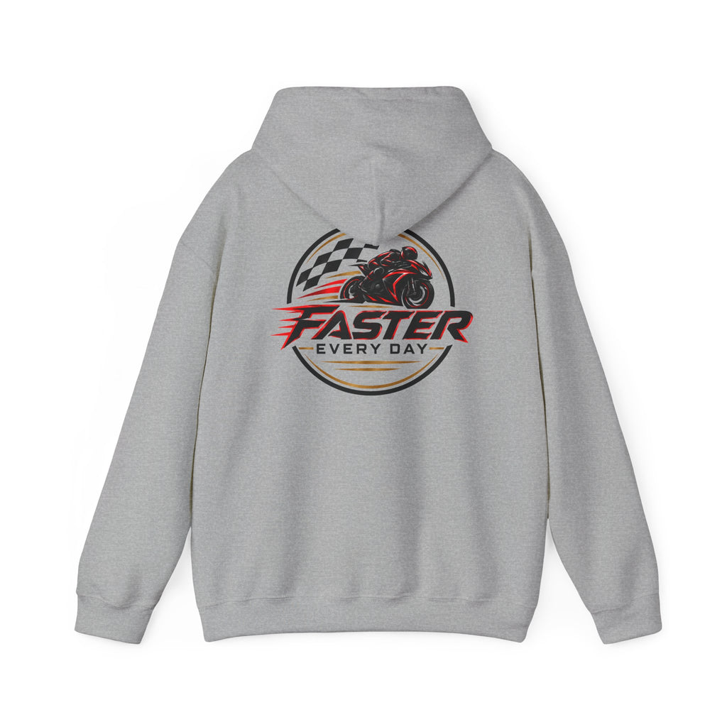 Faster Every Day Racing Badge Hoodie | Front Logo and Back Print | Motorcycle Gift | Gildan Hoodie