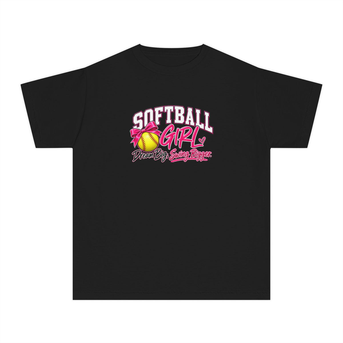 Softball Girl Youth T-Shirt | Dream Big, Swing Bigger | Girls Softball Comfort Colors Youth Tee