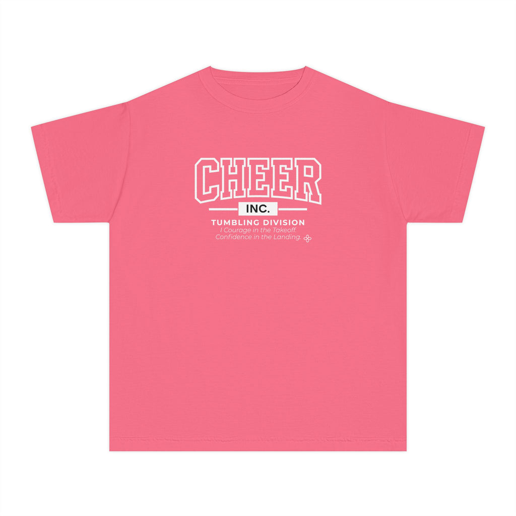 Cheer Inc. Tumbling Division Youth T-Shirt | Courage in the Takeoff, Confidence in the Landing | Girls Cheer Comfort Colors Youth Tee