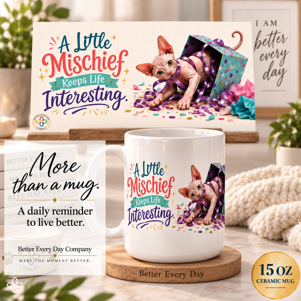 A Little Mischief Keeps Life Interesting - 15 oz Funny Cat Mug, Coffee Cup