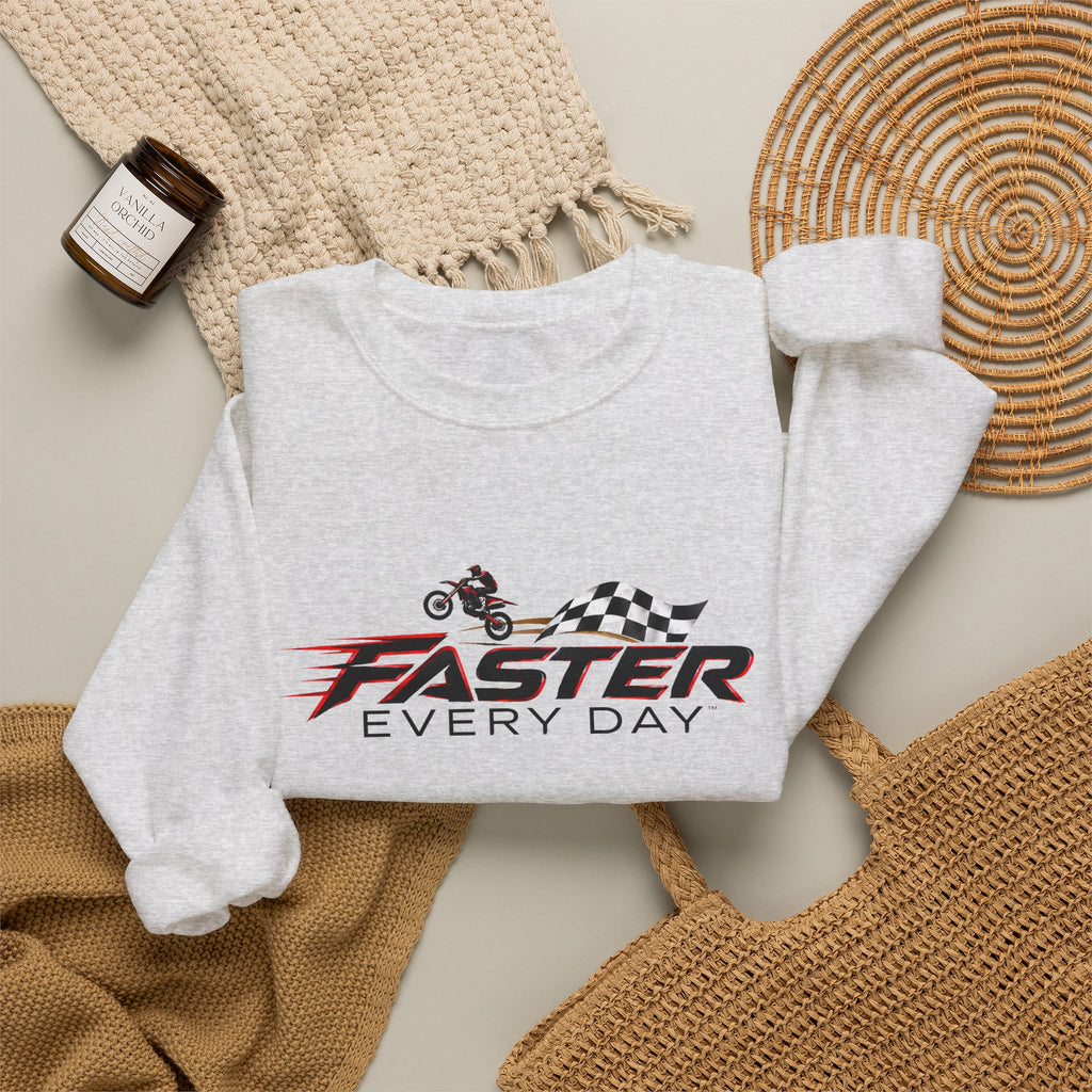 Faster Every Day Dirt Bike Checkered Flag Logo Sweatshirt | Motocross Gift | Gildan Crewneck Sweatshirt