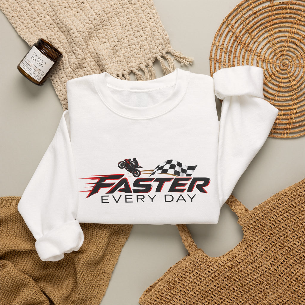 Faster Every Day Checkered Flag Logo Sweatshirt | Motorcycle Racing Gift | Gildan Crewneck Sweatshirt