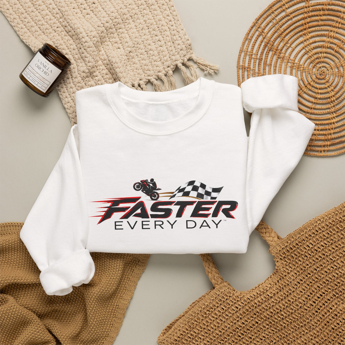 Faster Every Day Checkered Flag Logo Sweatshirt | Motorcycle Racing Gift | Gildan Crewneck Sweatshirt