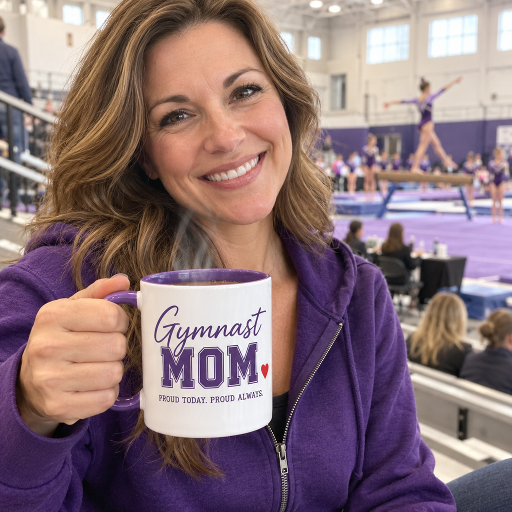 Gymnastics mom at a meet holding a personalized Gymnast Mom mug