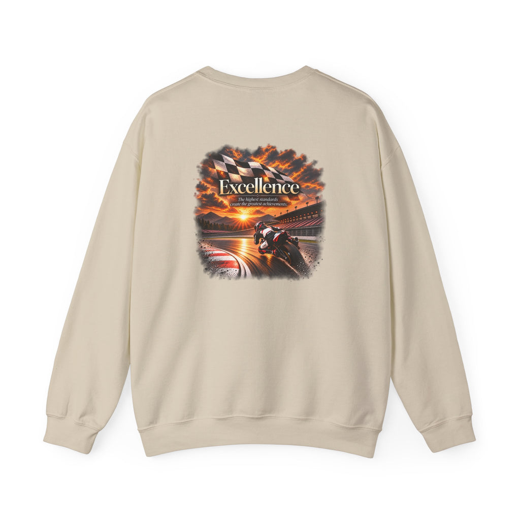 Excellence - The Highest Standards Create the Greatest Achievements | Motorcycle Racing Gift | Front Logo and Back Print | Gildan Crewneck Sweatshirt