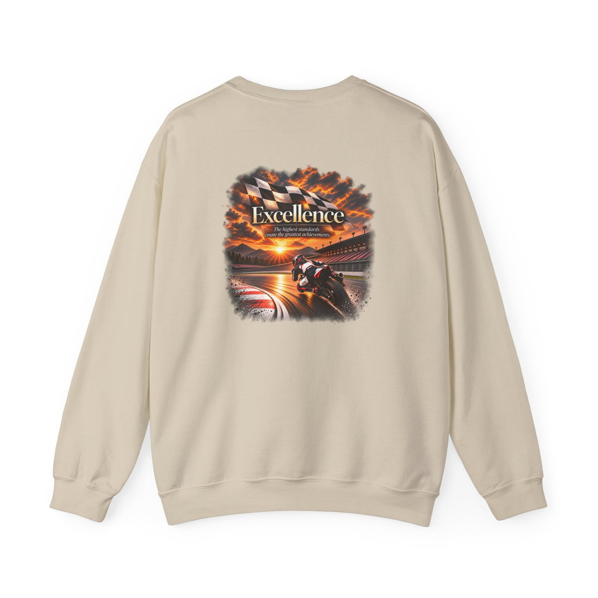 Excellence - The Highest Standards Create the Greatest Achievements | Motorcycle Racing Gift | Front Logo and Back Print | Gildan Crewneck Sweatshirt