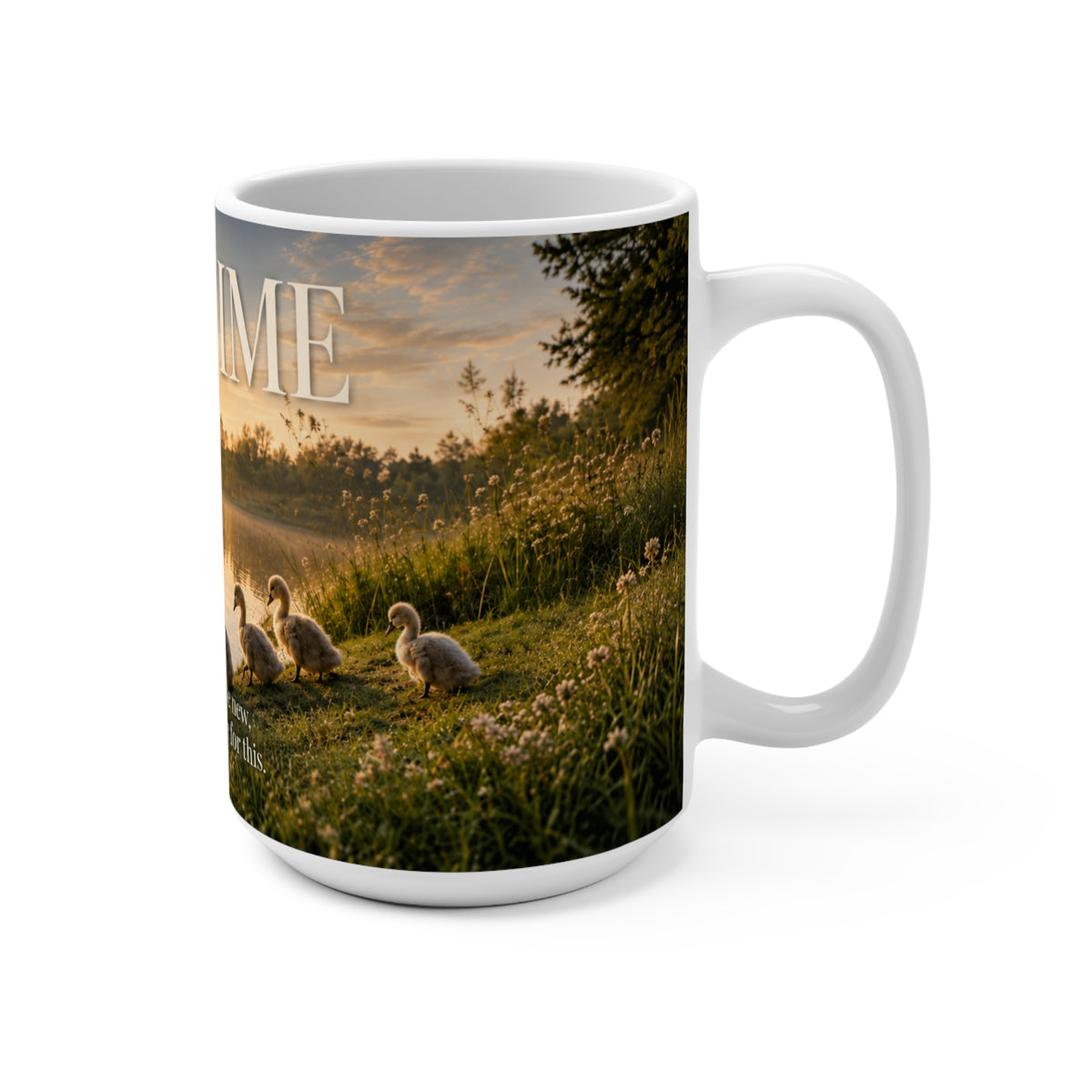It's Time - The Water May Be New, But You Were Made for This - Swan Family Image - 15 oz Inspirational Swan Mug, Coffee Cup