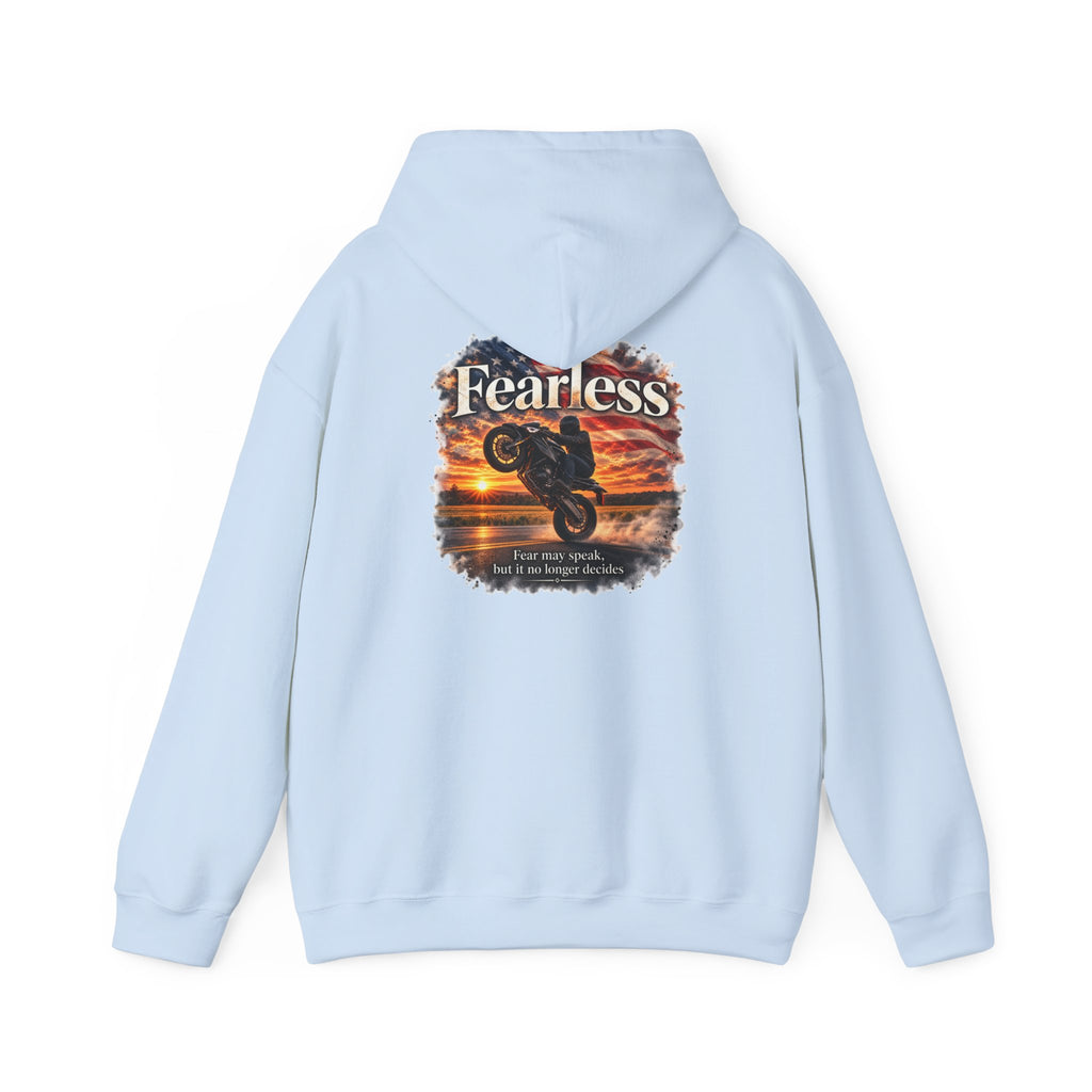 Fearless - Fear May Speak, But It No Longer Decides | Motorcycle Wheelie Hoodie | Front Logo and Back Print | Gildan Hoodie