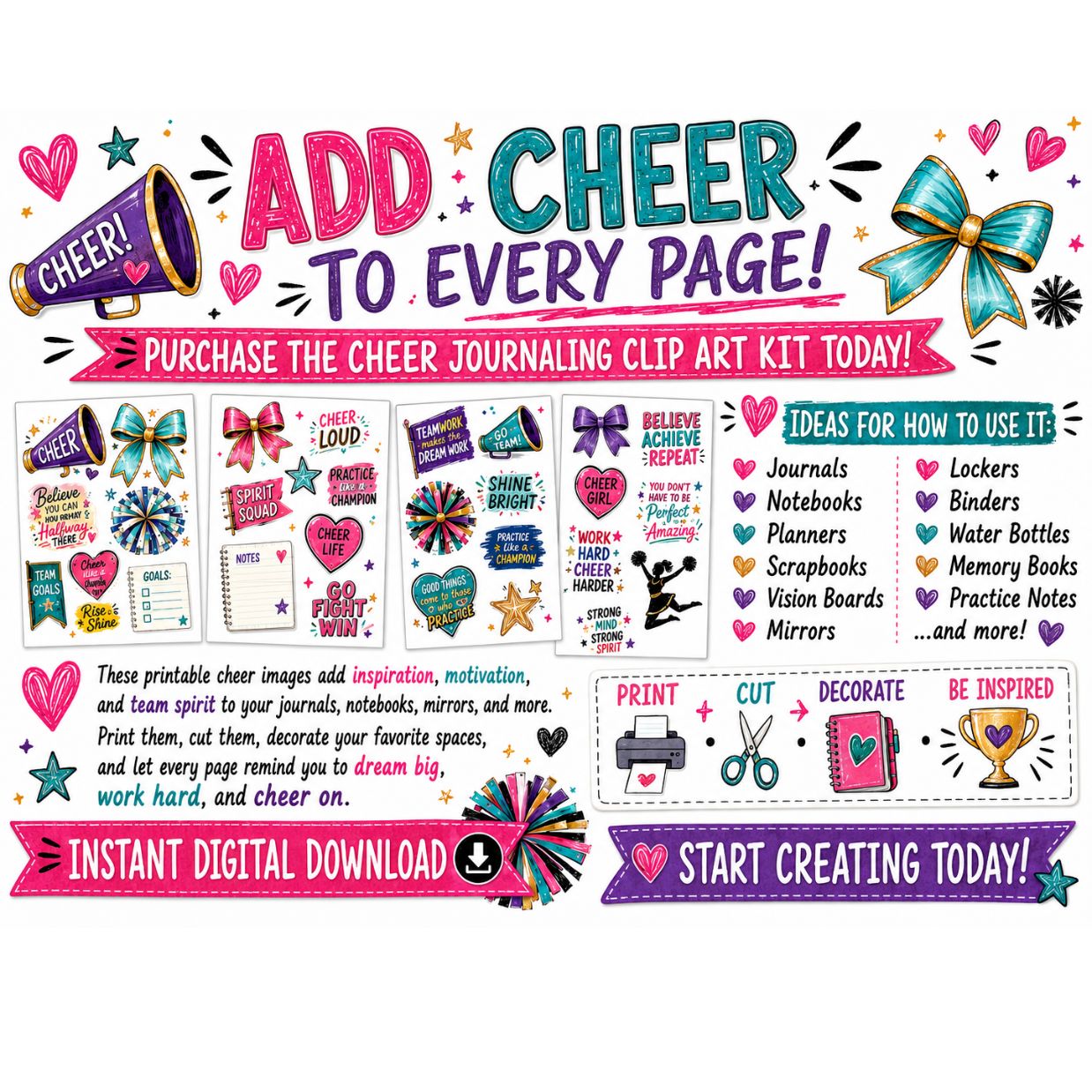 Cheer Journaling Clip Art Bundle, 200+ Printable Cheer Images, Cheerleader Journal Cut Aparts, Planner Stickers, Cheer Notebook Decor