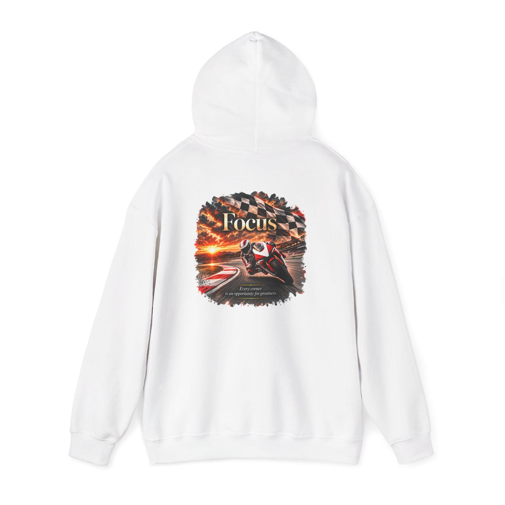 Focus - Every Corner Is an Opportunity for Greatness | Motorcycle Racing Gift | Front Logo and Back Print | Gildan Hoodie