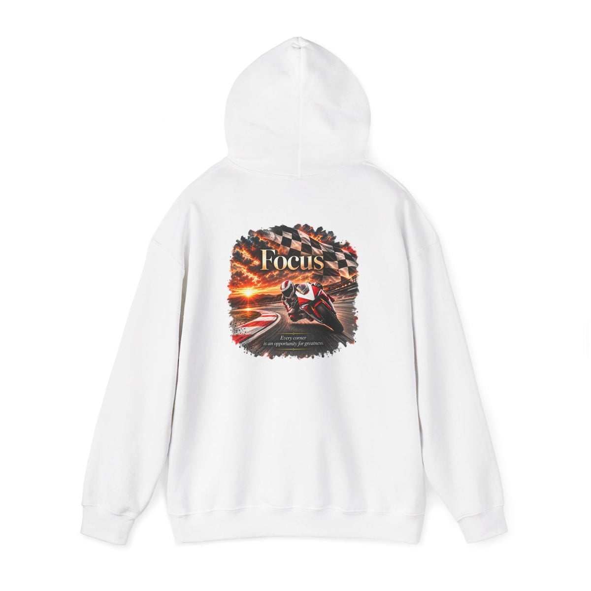 Focus - Every Corner Is an Opportunity for Greatness | Motorcycle Racing Gift | Front Logo and Back Print | Gildan Hoodie