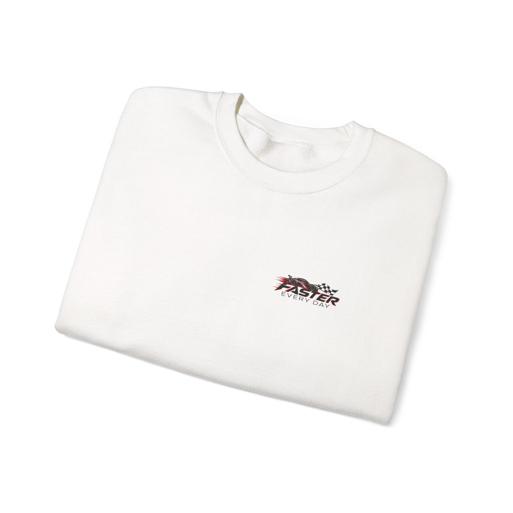 Faster Every Day Sports Car Sweatshirt | Driven to Be Better | Front Logo and Back Print | Gildan Crewneck Sweatshirt