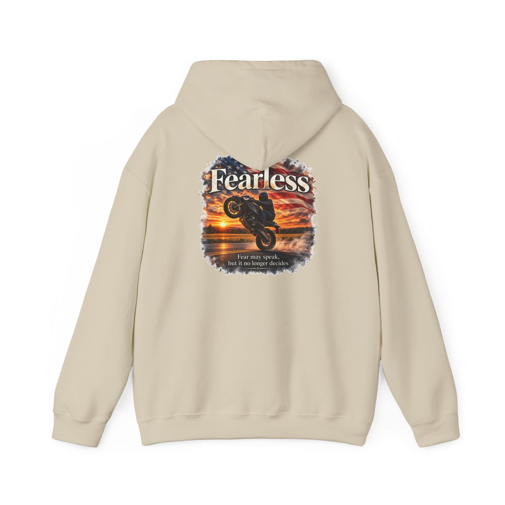 Fearless - Fear May Speak, But It No Longer Decides | Motorcycle Wheelie Hoodie | Front Logo and Back Print | Gildan Hoodie