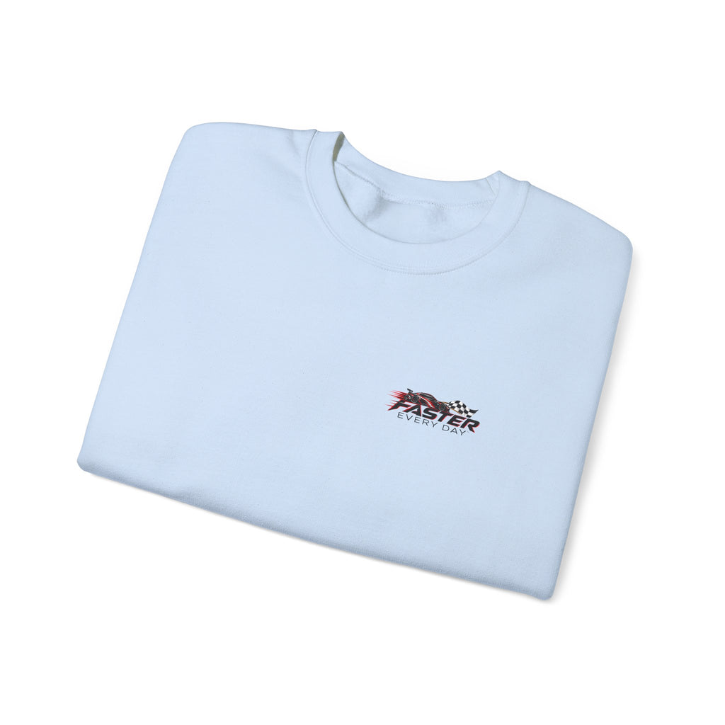 Faster Every Day Sports Car Sweatshirt | Driven to Be Better | Front Logo and Back Print | Gildan Crewneck Sweatshirt