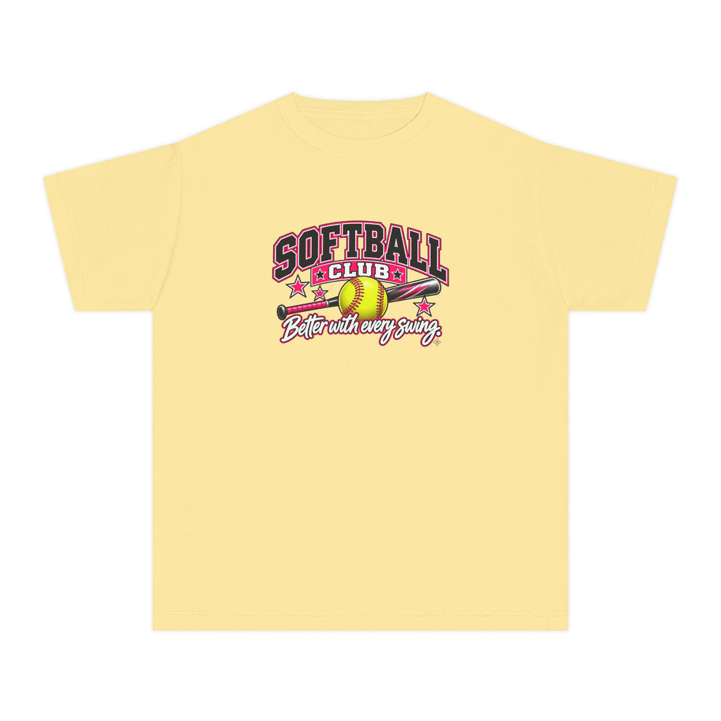 Softball Club Youth T-Shirt | Better With Every Swing | Girls Softball Comfort Colors Youth Tee