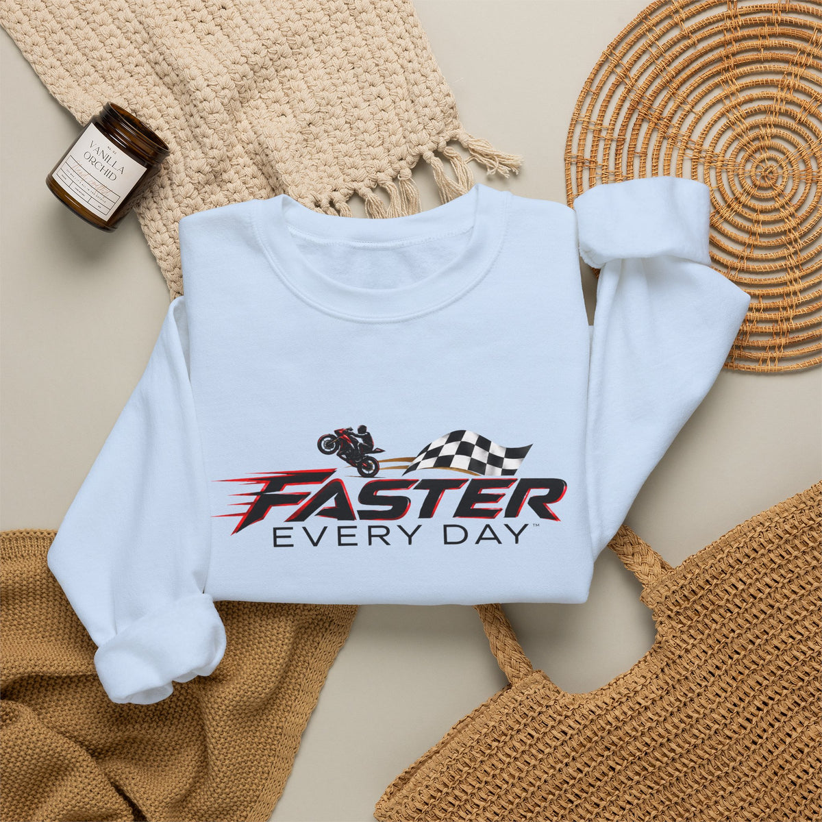 Faster Every Day Checkered Flag Logo Sweatshirt | Motorcycle Racing Gift | Gildan Crewneck Sweatshirt