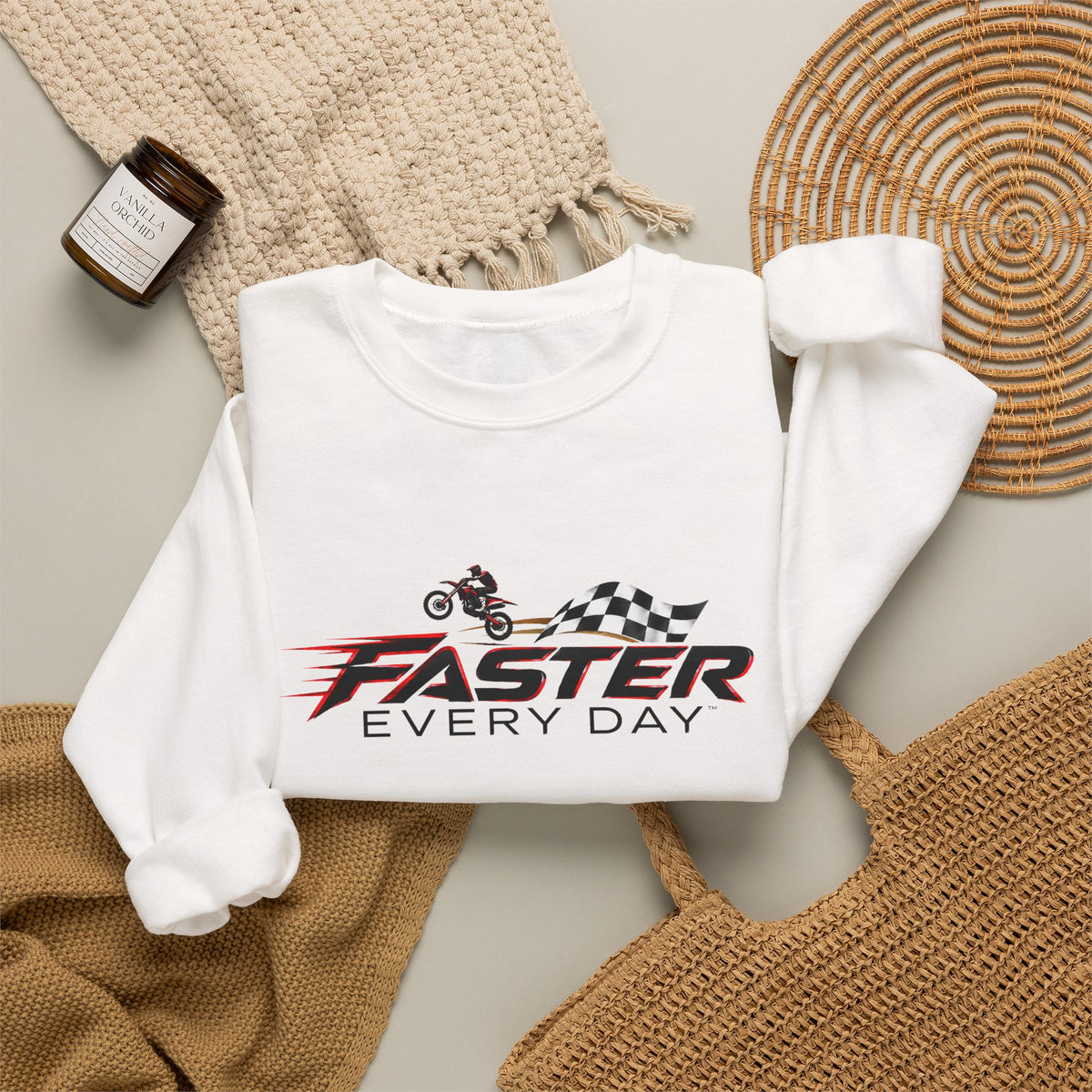 Faster Every Day Dirt Bike Checkered Flag Logo Sweatshirt | Motocross Gift | Gildan Crewneck Sweatshirt