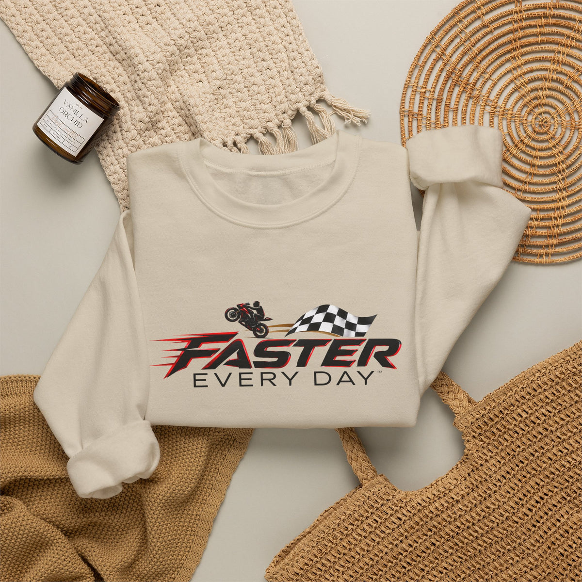 Faster Every Day Checkered Flag Logo Sweatshirt | Motorcycle Racing Gift | Gildan Crewneck Sweatshirt