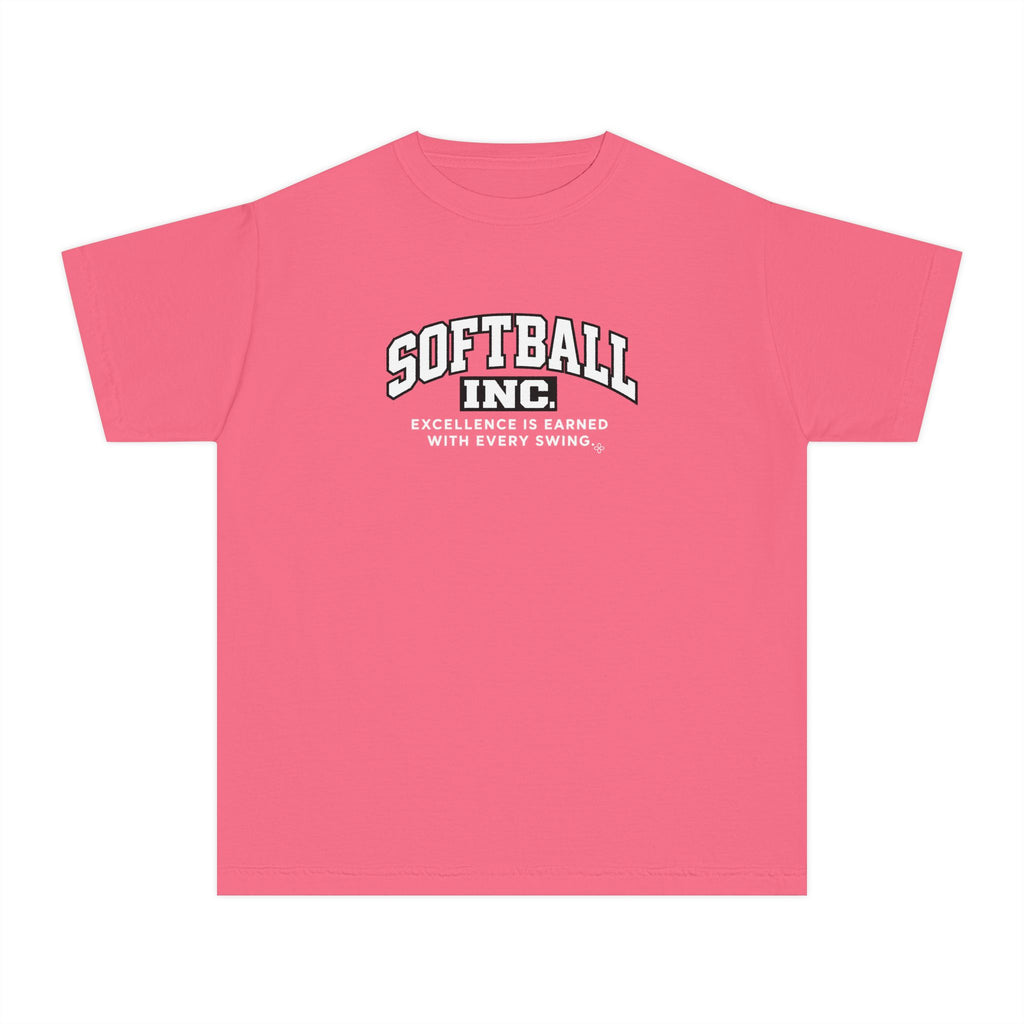 Softball Inc. Youth T-Shirt | Excellence Is Earned With Every Swing | Girls Softball Comfort Colors Youth Tee