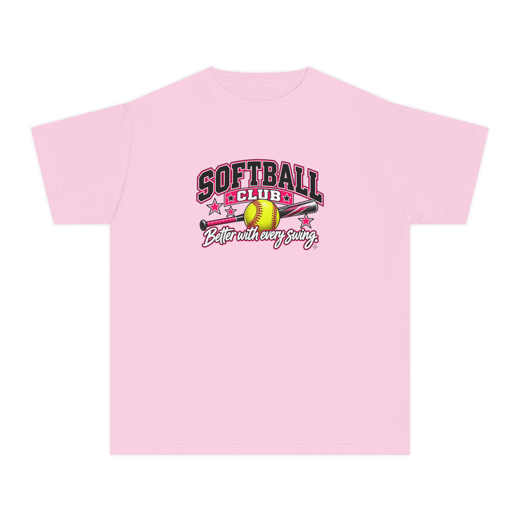 Softball Club Youth T-Shirt | Better With Every Swing | Girls Softball Comfort Colors Youth Tee