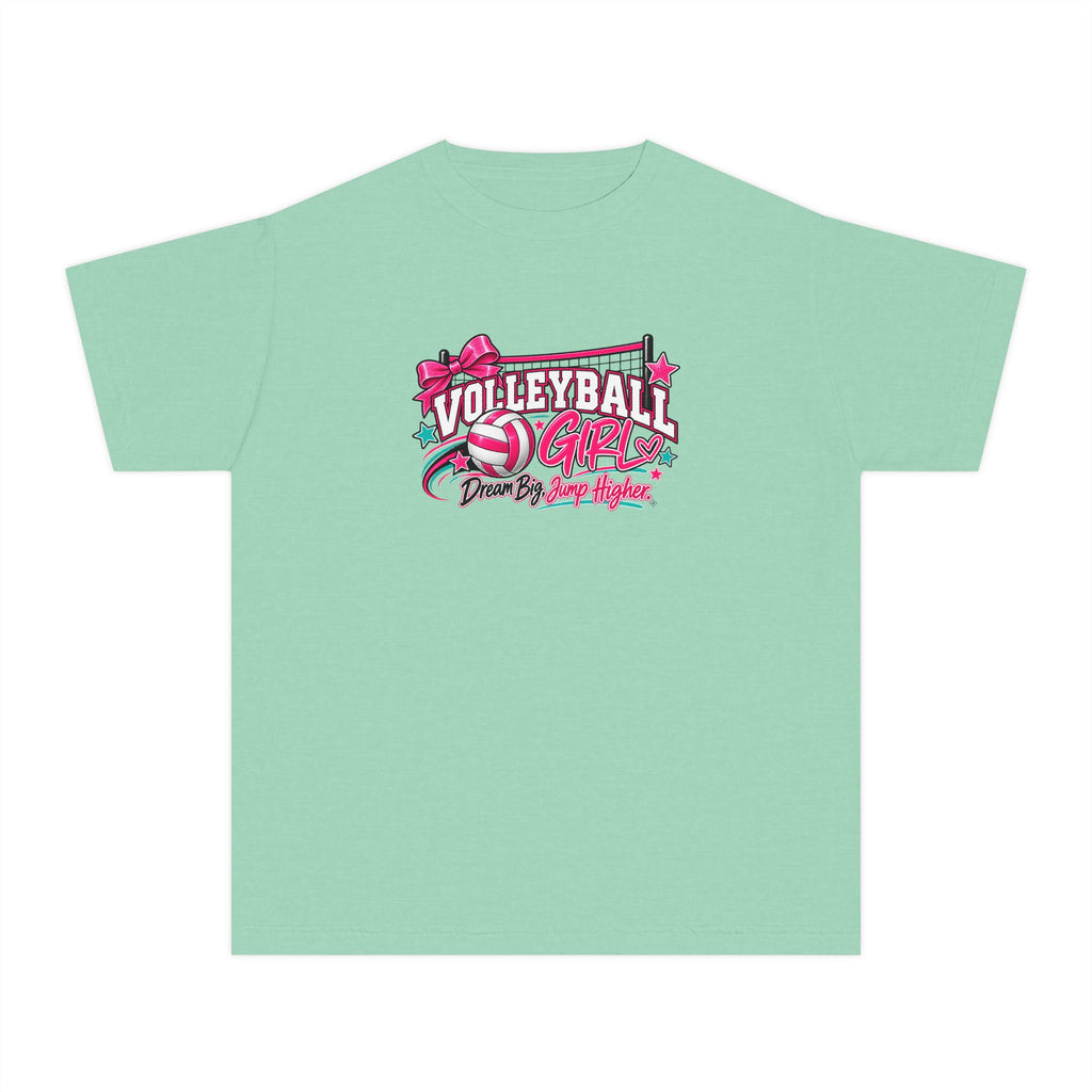 Volleyball Girl Youth T-Shirt | Dream Big, Jump Higher | Girls Volleyball Comfort Colors Youth Tee