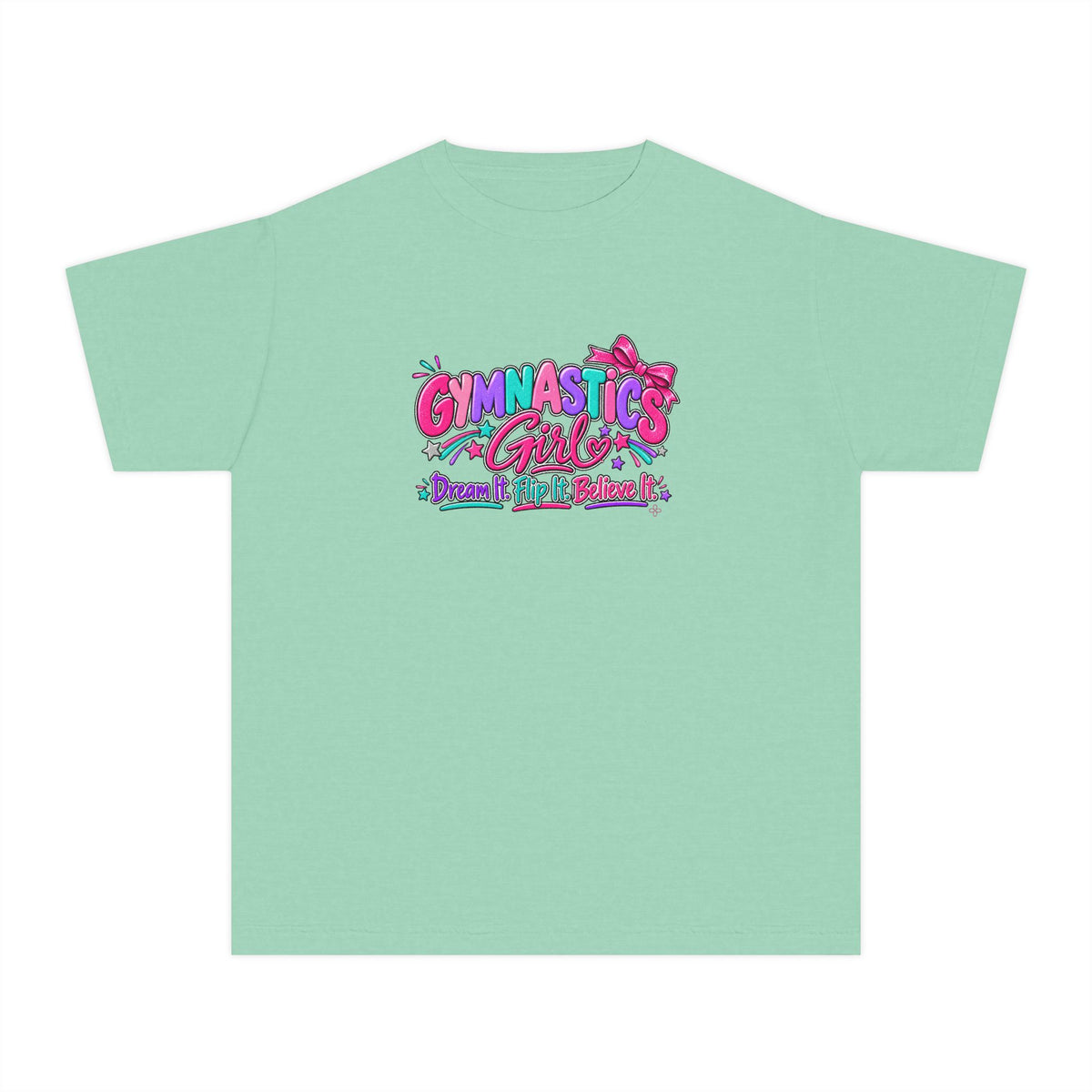 Gymnastics Girl Youth T-Shirt | Dream It, Flip It, Believe It | Girls Gymnastics Comfort Colors Youth Tee