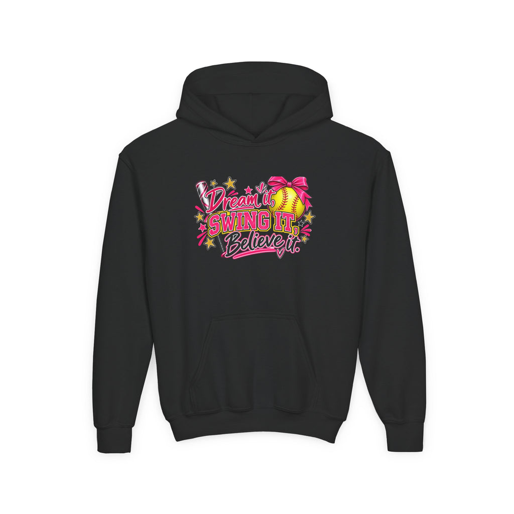 Dream It Swing It Believe It Youth Hoodie | Softball Girl | Girls Softball Youth Hoodie
