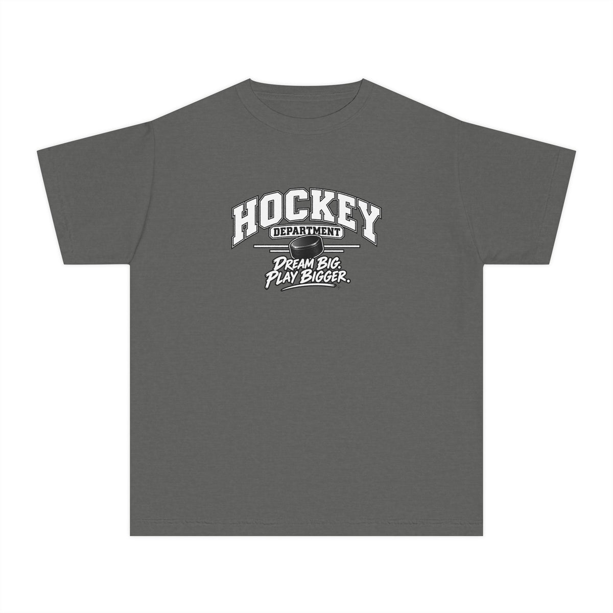 Hockey Department Youth T-Shirt | Dream Big, Play Bigger | Kids Hockey Comfort Colors Youth Tee