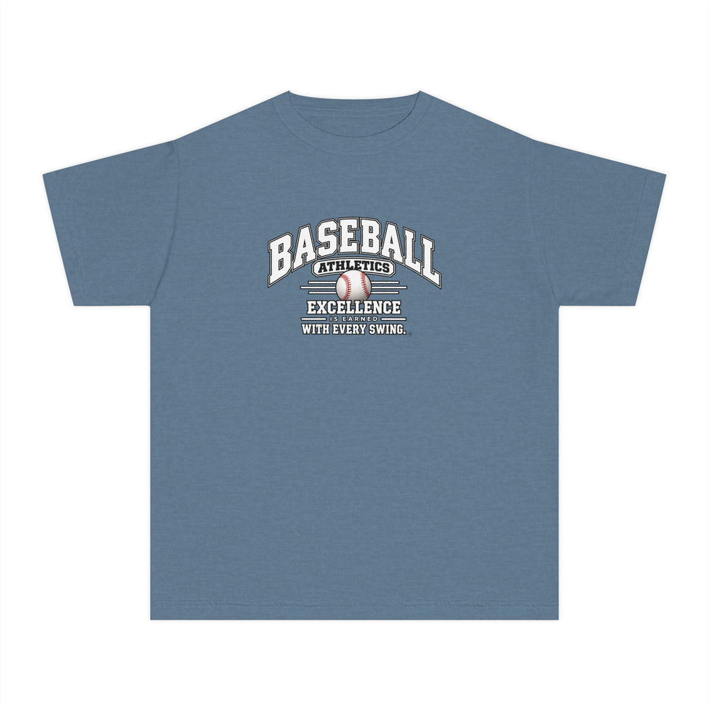 Baseball Athletics Youth T-Shirt | Excellence Is Earned With Every Swing | Kids Baseball Comfort Colors Youth Tee