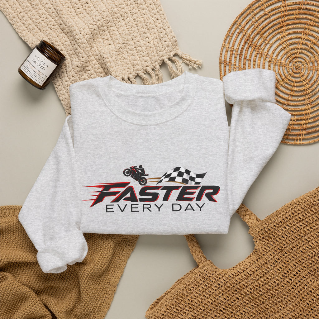 Faster Every Day Checkered Flag Logo Sweatshirt | Motorcycle Racing Gift | Gildan Crewneck Sweatshirt