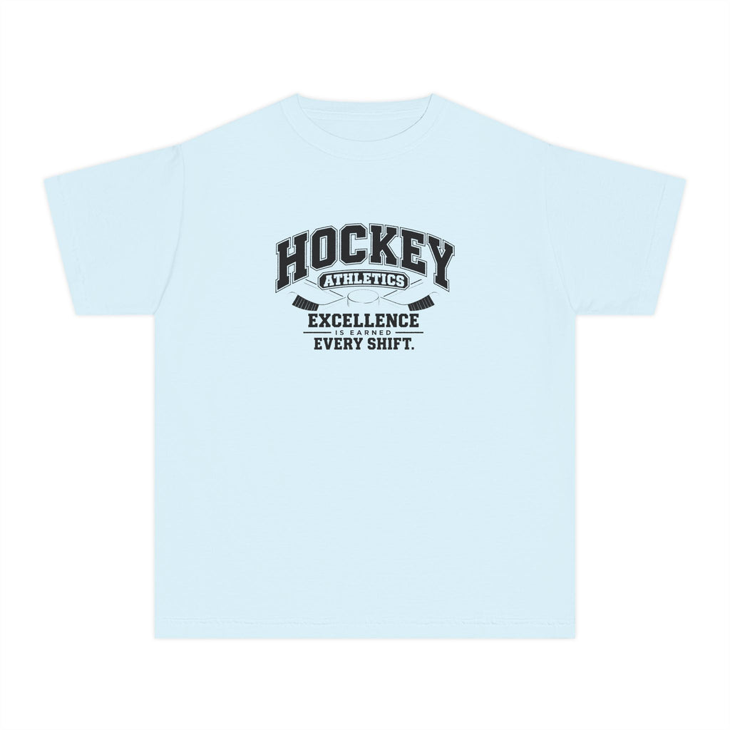 Hockey Athletics Youth T-Shirt | Excellence Is Earned Every Shift | Kids Hockey Comfort Colors Youth Tee