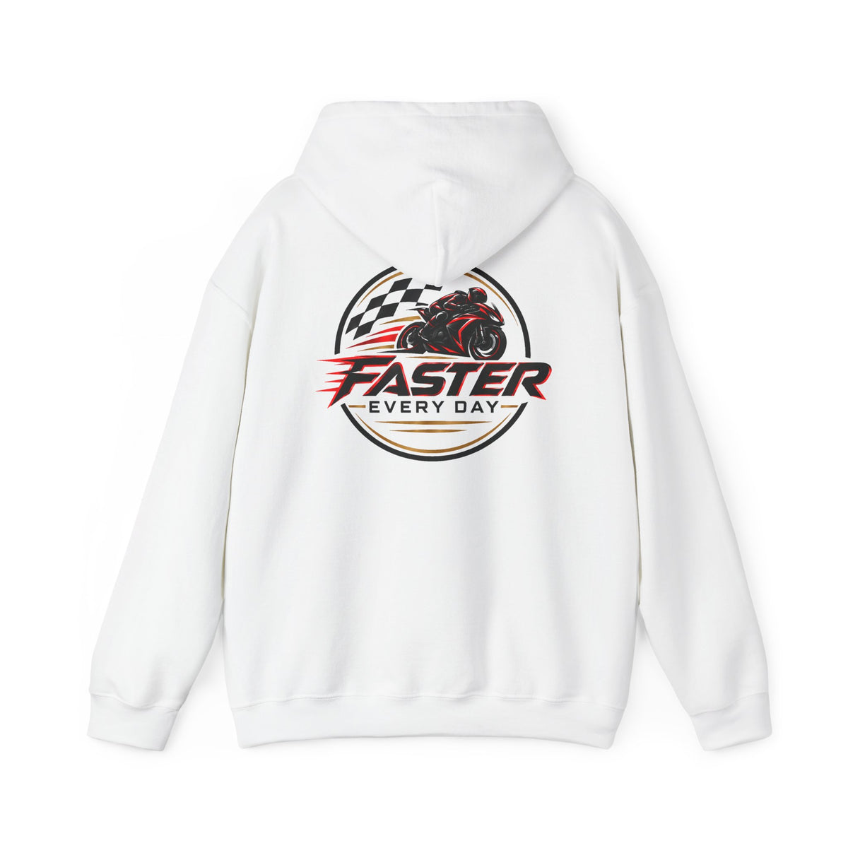 Faster Every Day Racing Badge Hoodie | Front Logo and Back Print | Motorcycle Gift | Gildan Hoodie