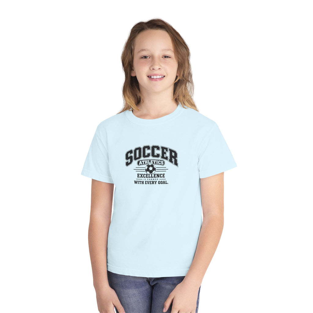 Soccer Athletics Youth T-Shirt | Excellence Is Earned With Every Goal | Kids Soccer Comfort Colors Youth Tee