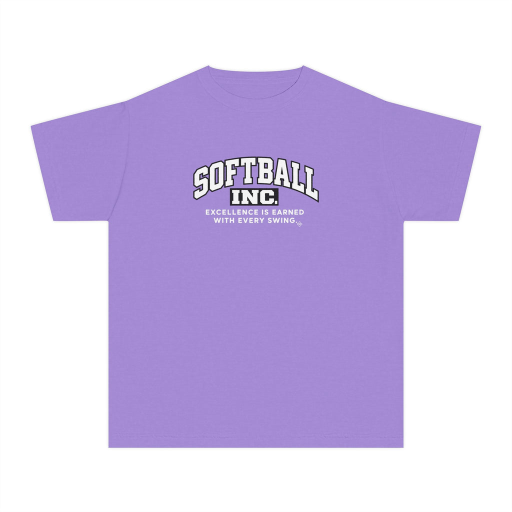 Softball Inc. Youth T-Shirt | Excellence Is Earned With Every Swing | Girls Softball Comfort Colors Youth Tee