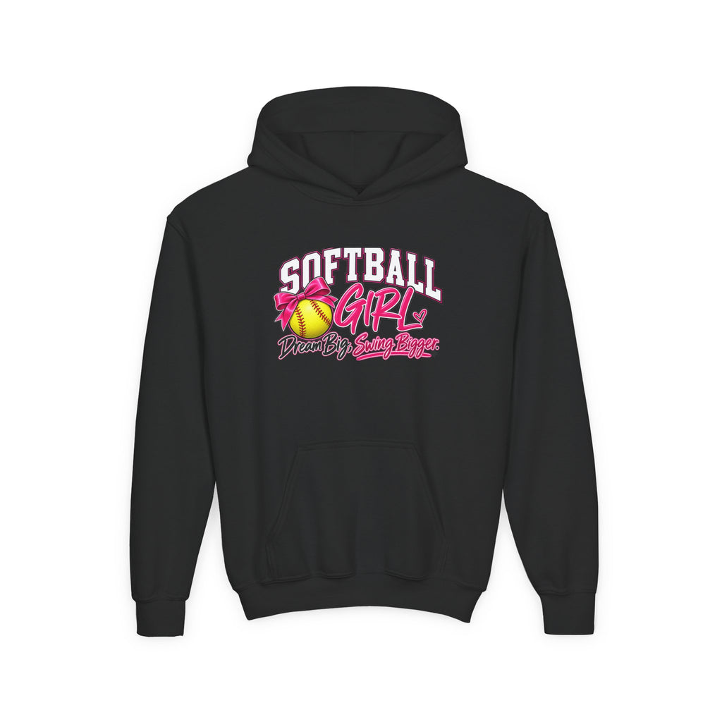 Softball Girl Youth Hoodie | Dream Big, Swing Bigger | Girls Softball Youth Hoodie