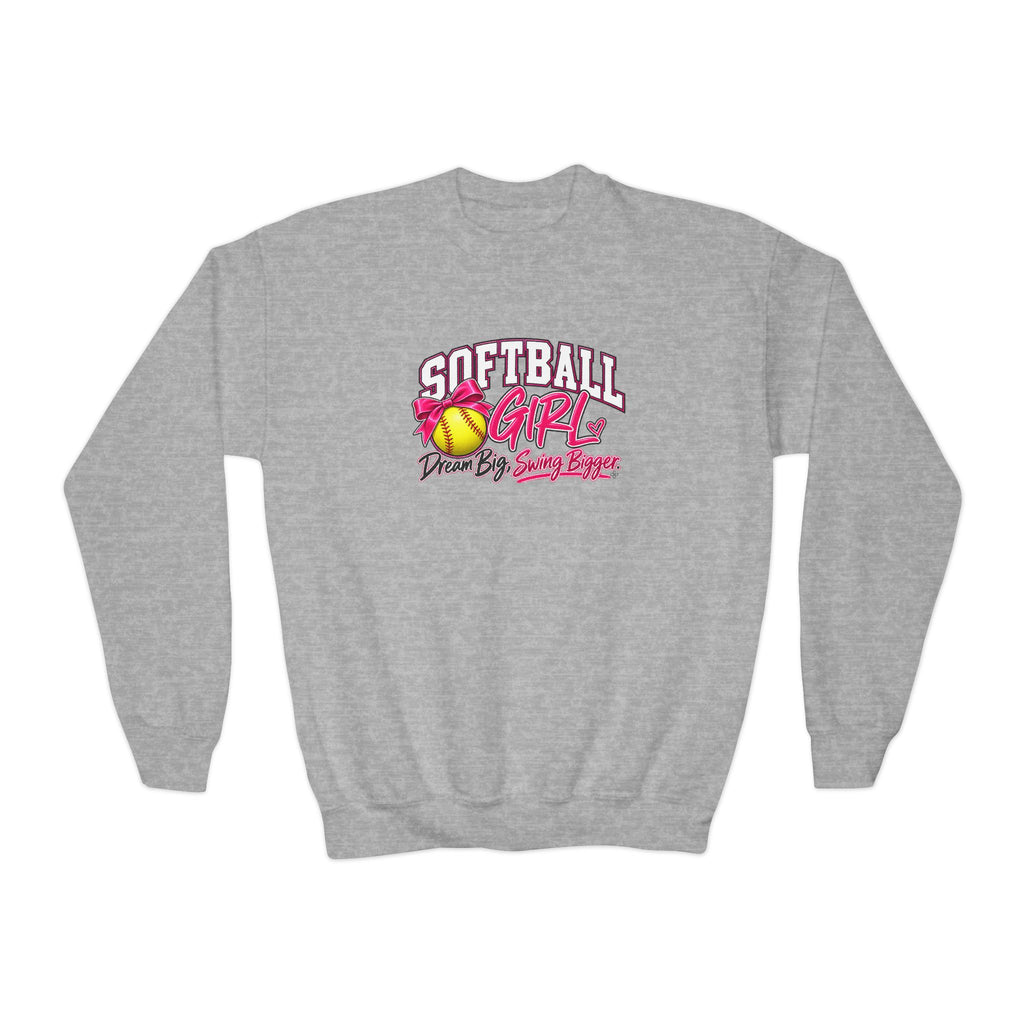 Softball Girl Youth Sweatshirt | Dream Big, Swing Bigger | Girls Softball Youth Crewneck