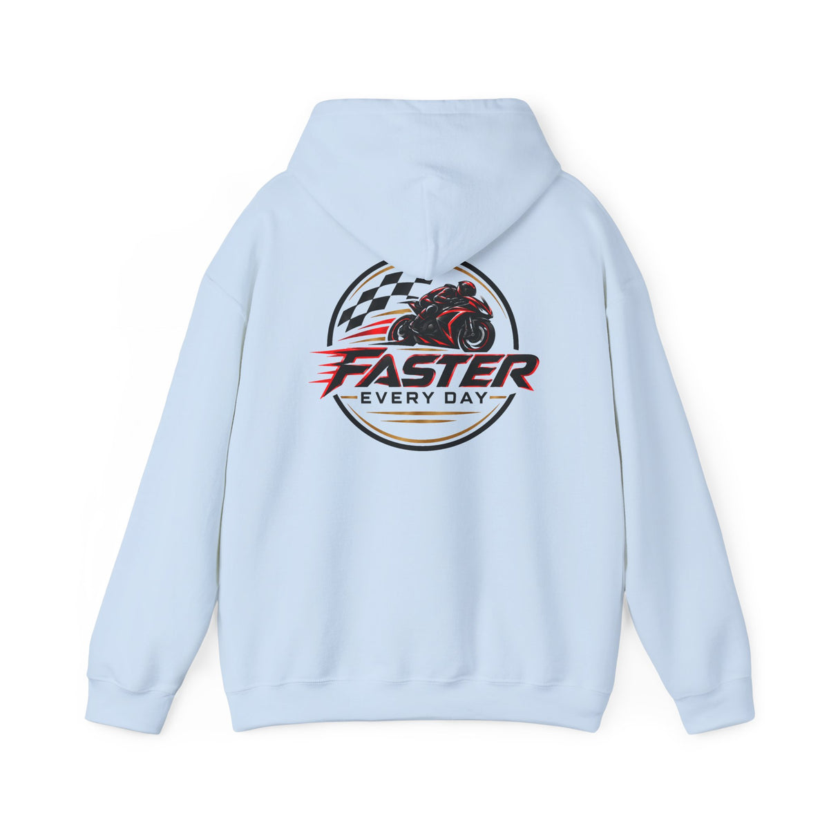 Faster Every Day Racing Badge Hoodie | Front Logo and Back Print | Motorcycle Gift | Gildan Hoodie