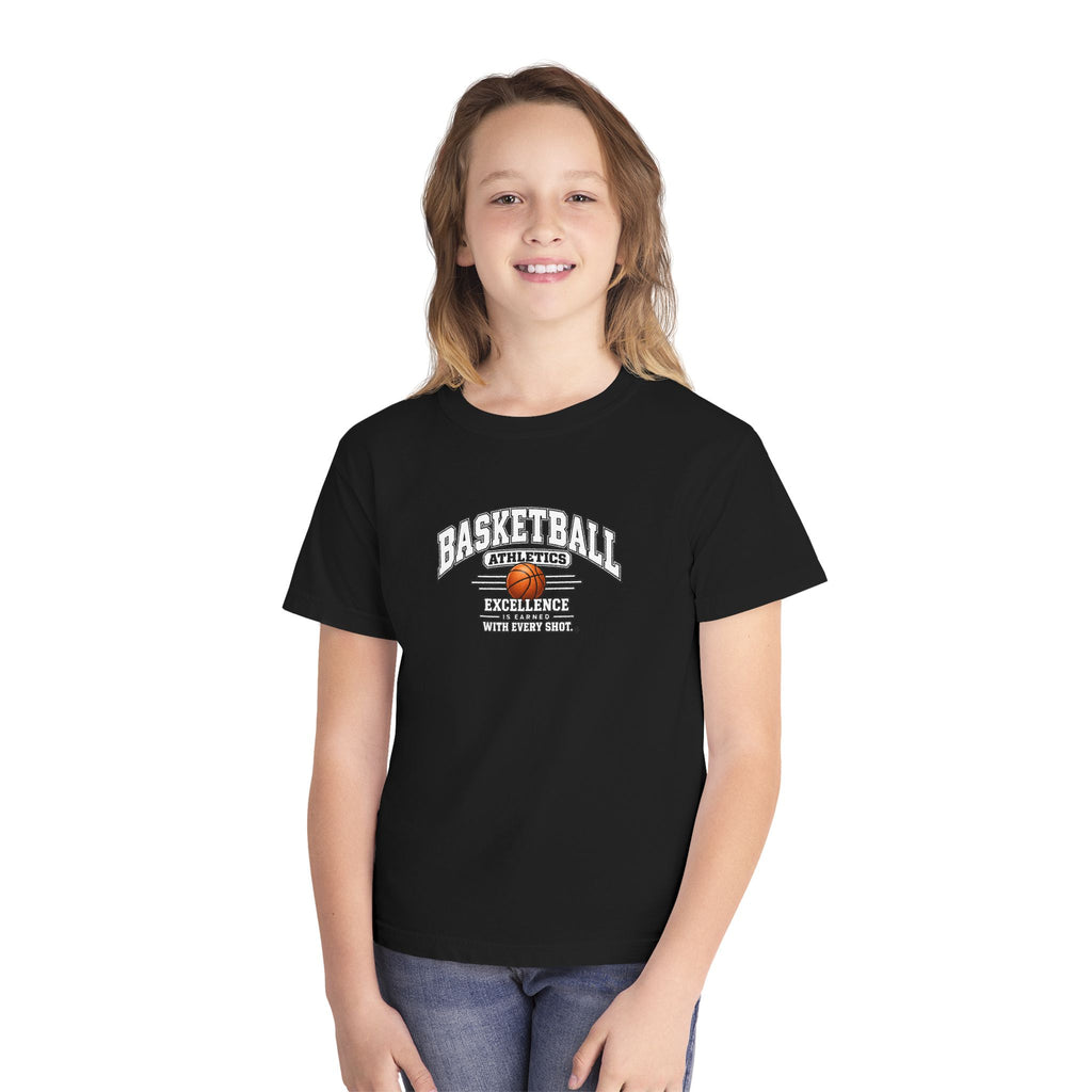 Basketball Athletics Youth T-Shirt | Excellence Is Earned With Every Shot | Kids Basketball Comfort Colors Youth Tee