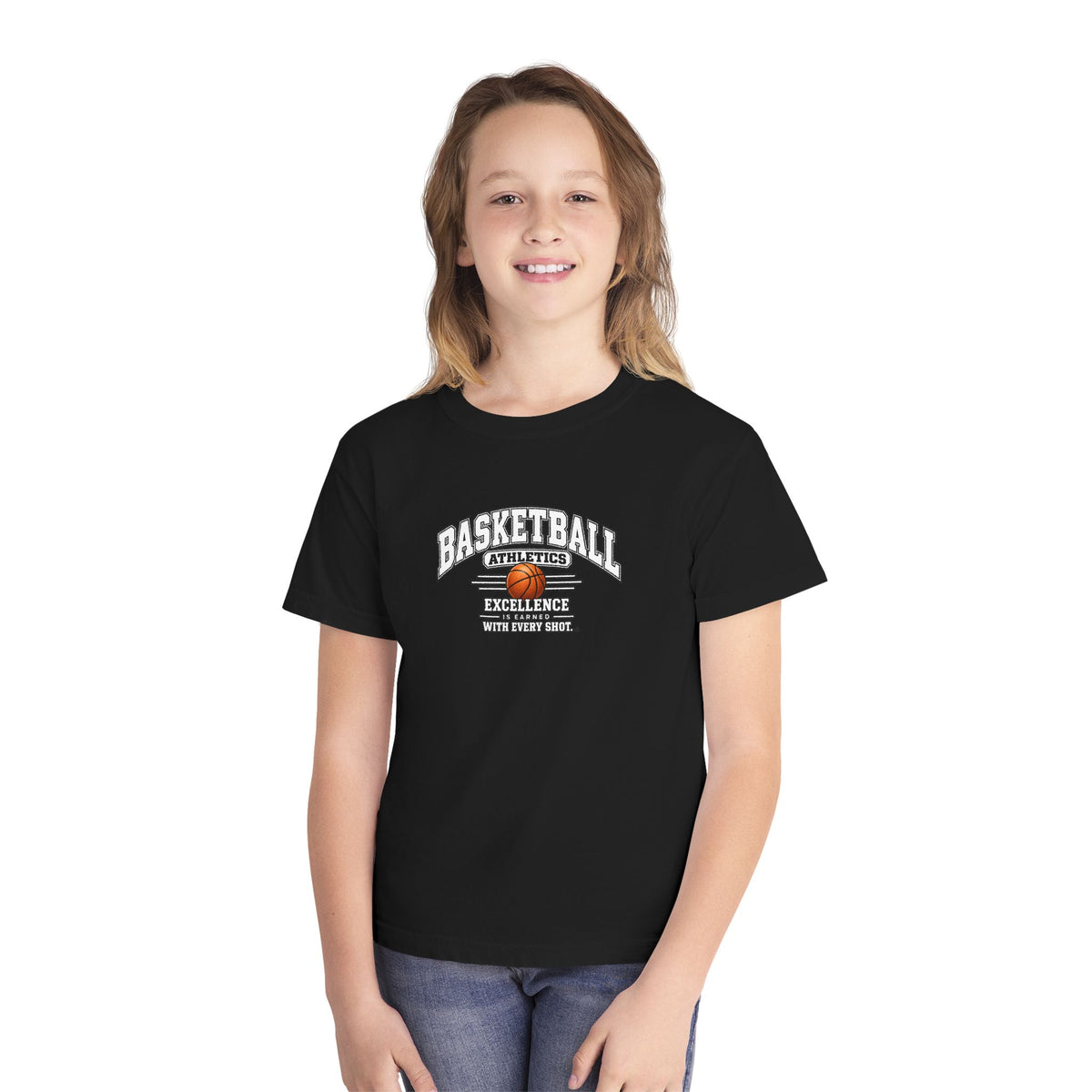 Basketball Athletics Youth T-Shirt | Excellence Is Earned With Every Shot | Kids Basketball Comfort Colors Youth Tee