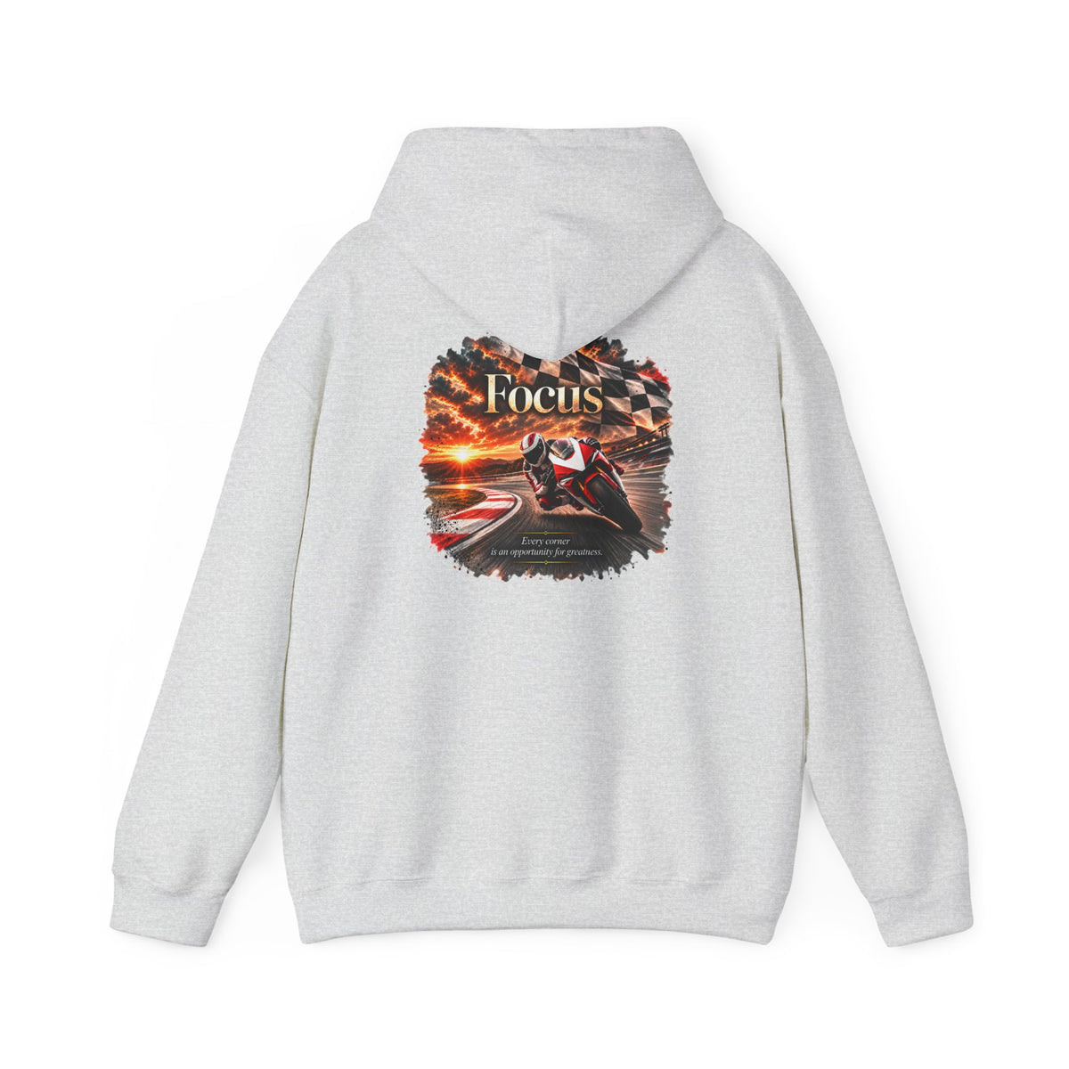 Focus - Every Corner Is an Opportunity for Greatness | Motorcycle Racing Gift | Front Logo and Back Print | Gildan Hoodie