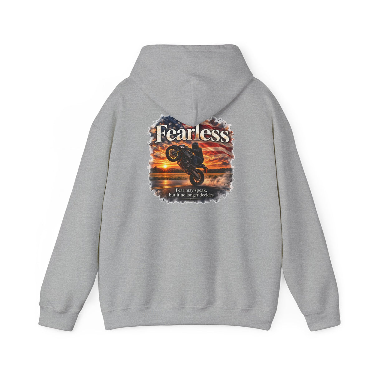 Fearless - Fear May Speak, But It No Longer Decides | Motorcycle Wheelie Hoodie | Front Logo and Back Print | Gildan Hoodie