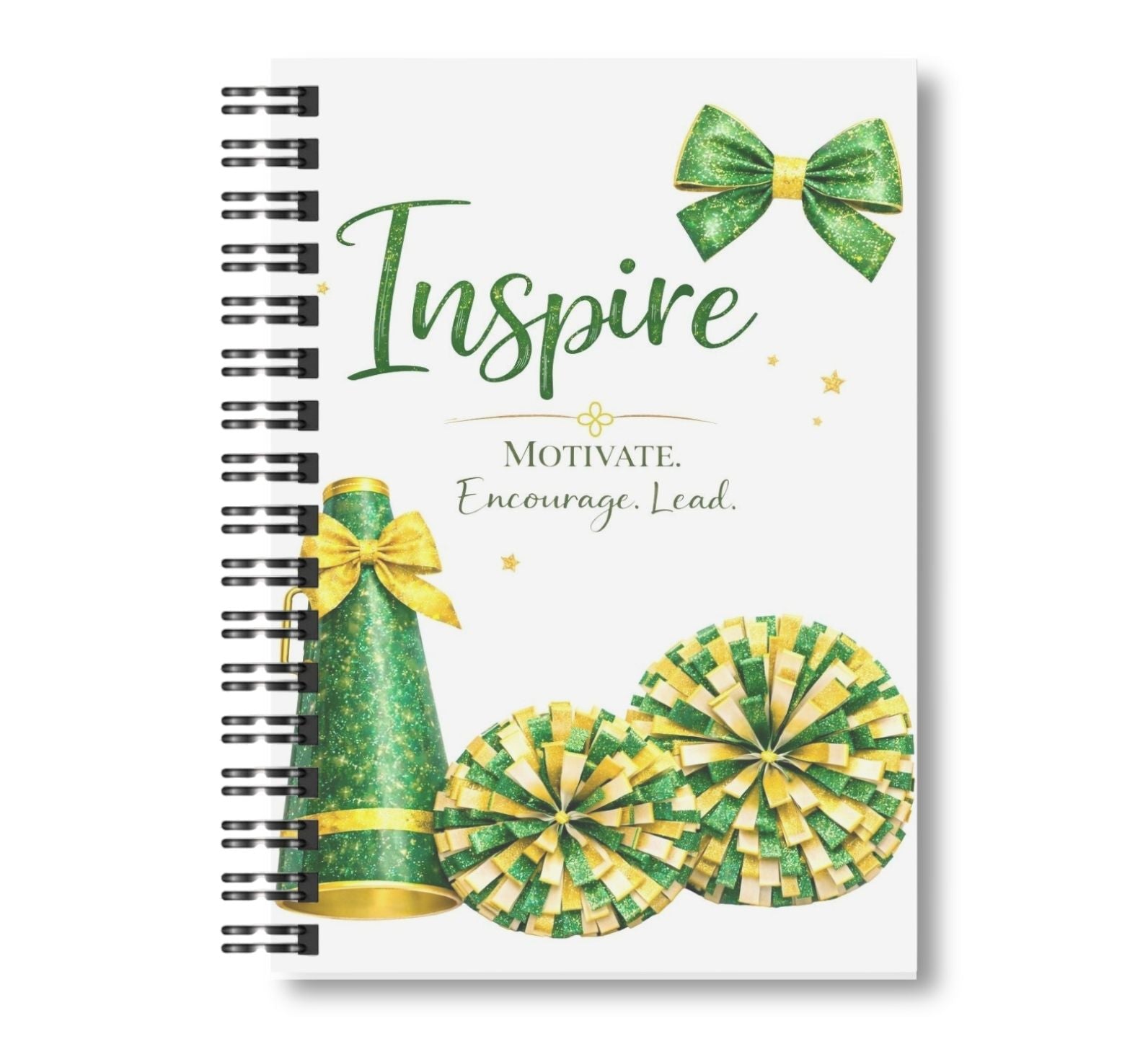 Inspire - Cheerleading Notebook 8.5"x11", Green and Gold Wide Ruled Blank Notebook, Spiral Bound