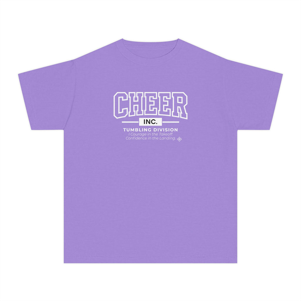 Cheer Inc. Tumbling Division Youth T-Shirt | Courage in the Takeoff, Confidence in the Landing | Girls Cheer Comfort Colors Youth Tee