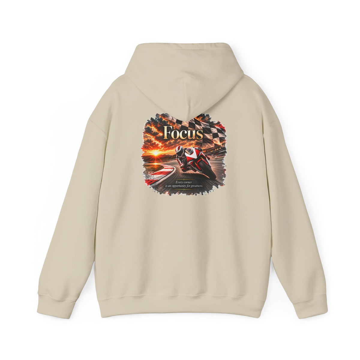 Focus - Every Corner Is an Opportunity for Greatness | Motorcycle Racing Gift | Front Logo and Back Print | Gildan Hoodie