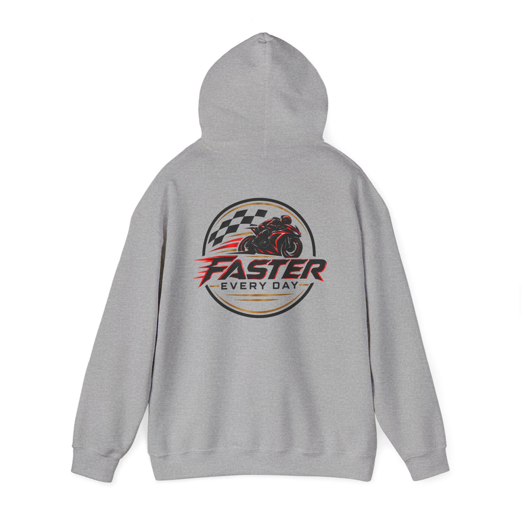Faster Every Day Racing Badge Hoodie | Front Logo and Back Print | Motorcycle Gift | Gildan Hoodie