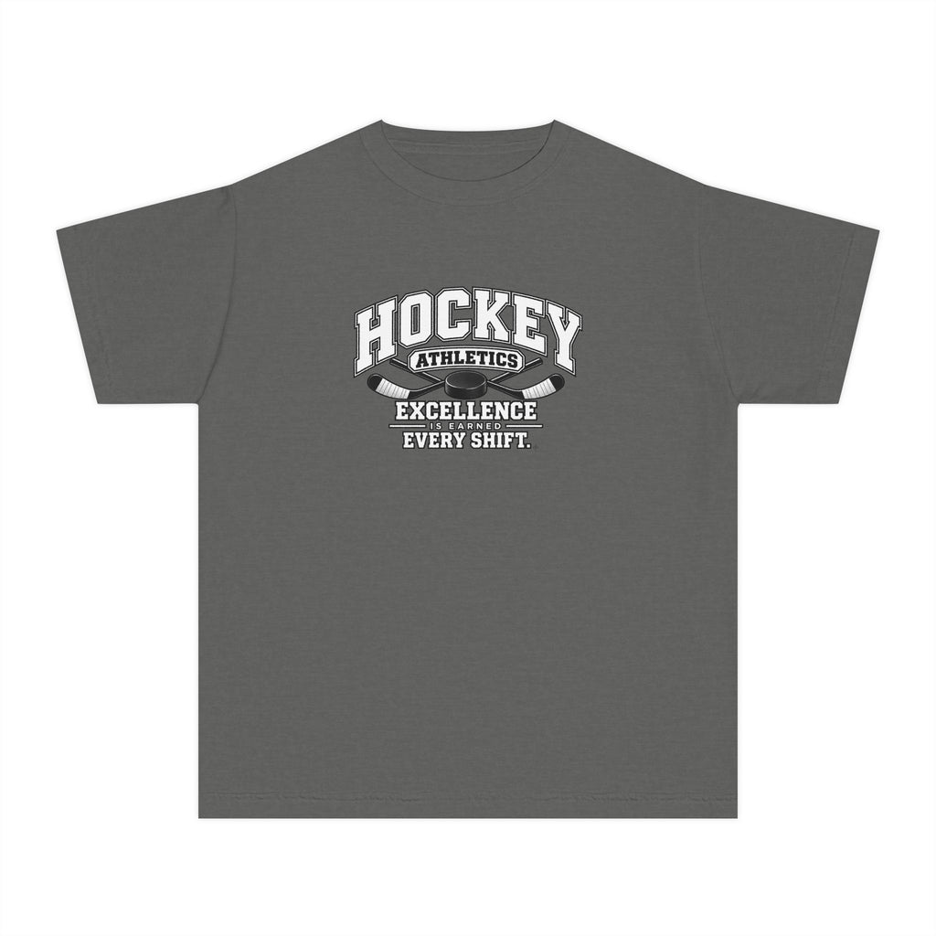 Hockey Athletics Youth T-Shirt | Excellence Is Earned Every Shift | Kids Hockey Comfort Colors Youth Tee