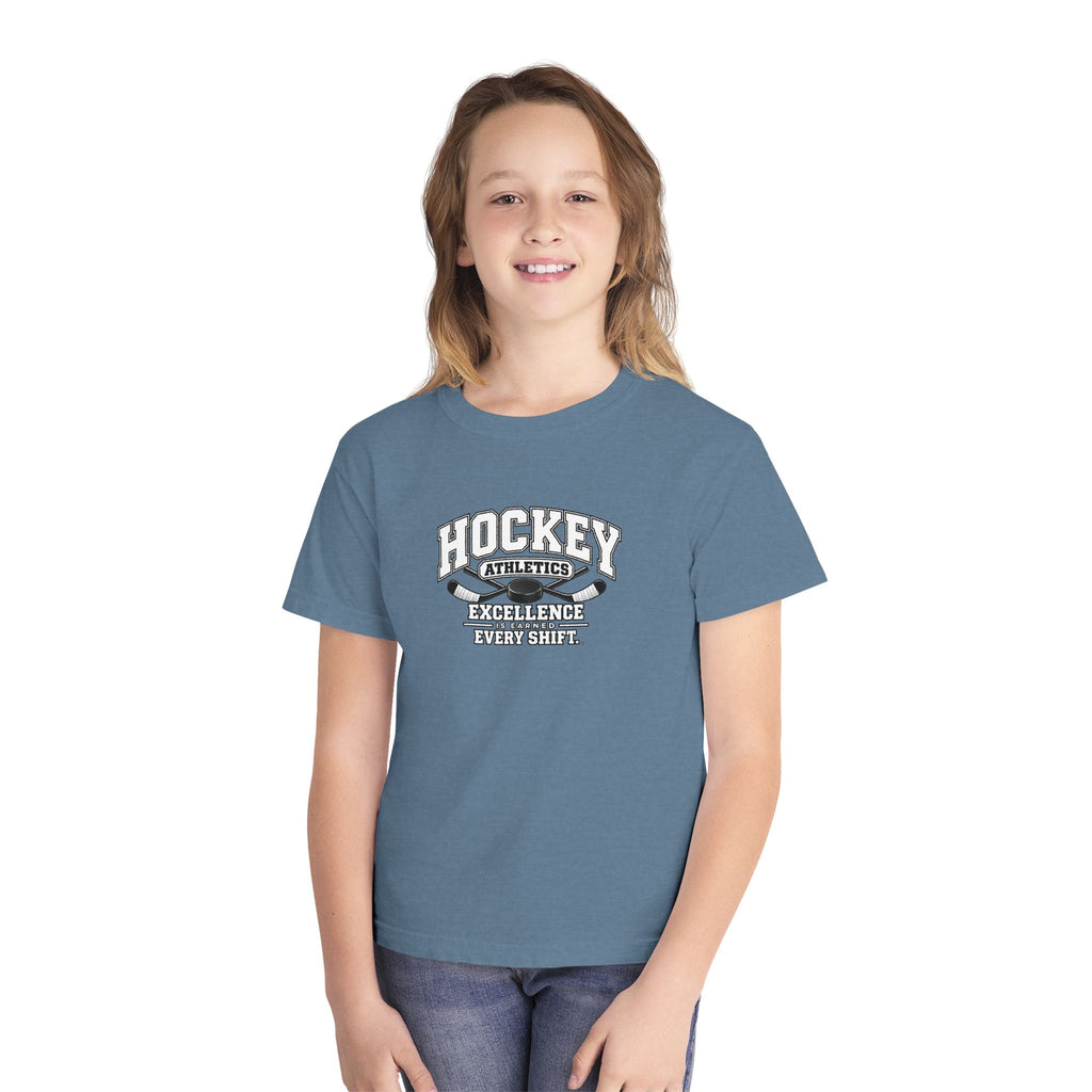 Hockey Athletics Youth T-Shirt | Excellence Is Earned Every Shift | Kids Hockey Comfort Colors Youth Tee