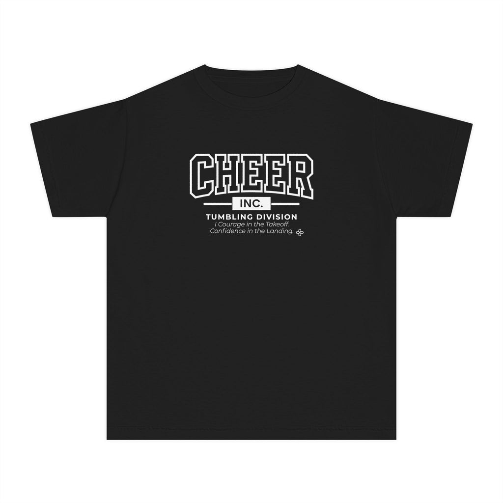 Cheer Inc. Tumbling Division Youth T-Shirt | Courage in the Takeoff, Confidence in the Landing | Girls Cheer Comfort Colors Youth Tee