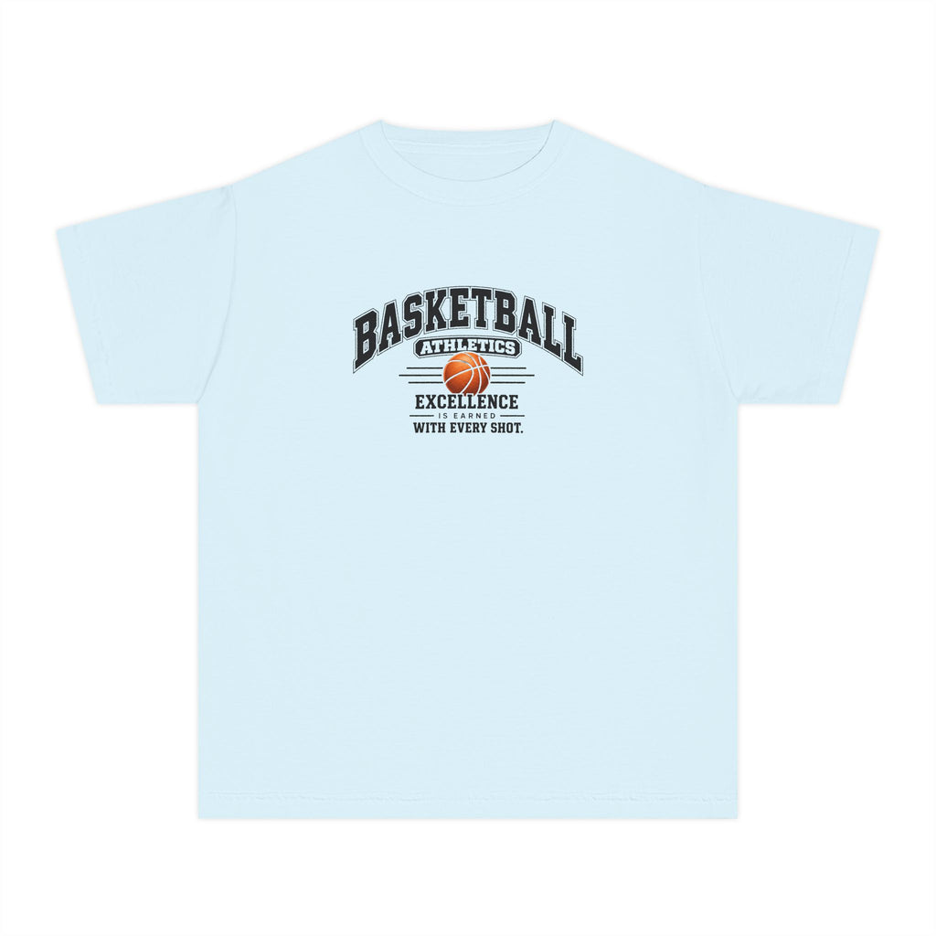 Basketball Athletics Youth T-Shirt | Excellence Is Earned With Every Shot | Kids Basketball Comfort Colors Youth Tee