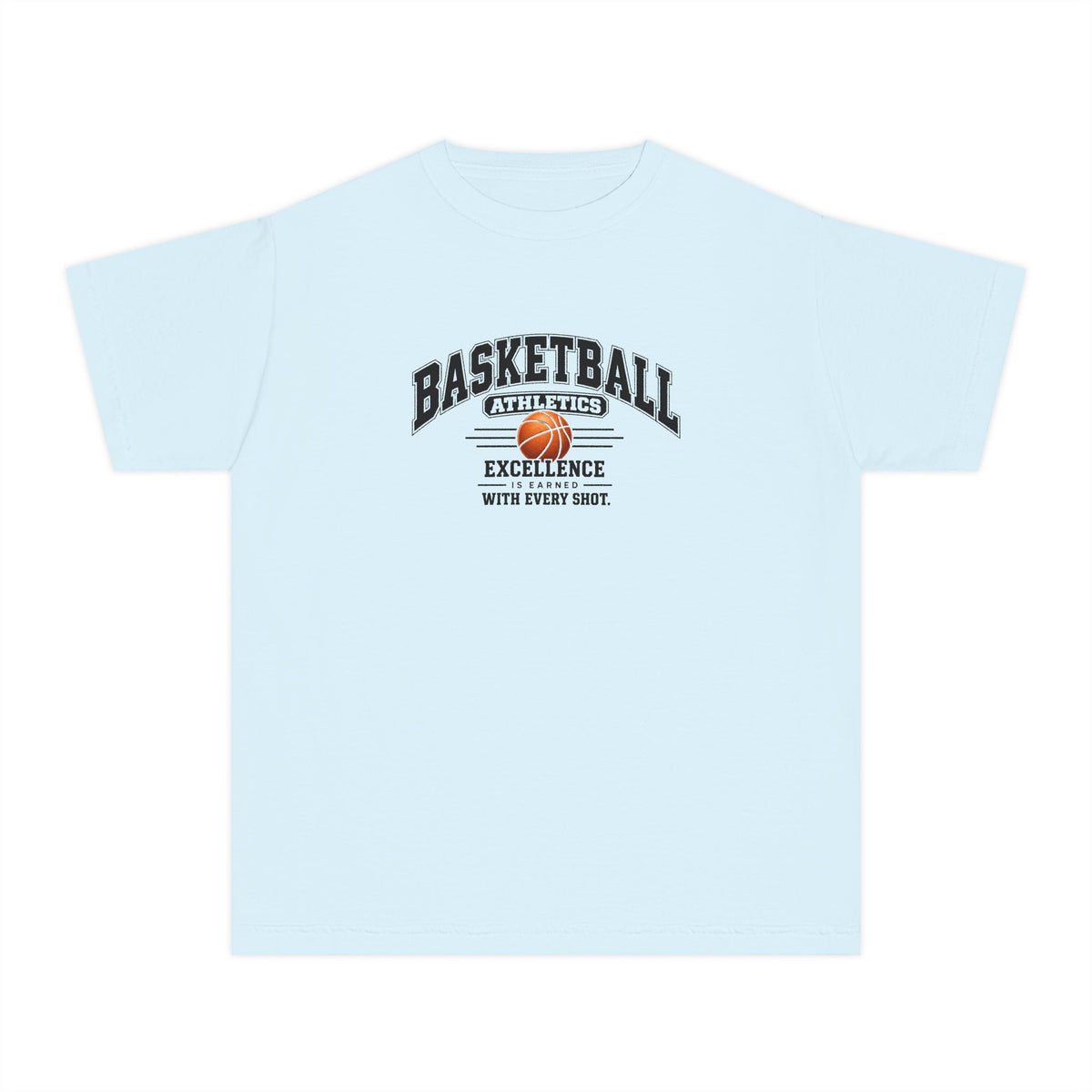 Basketball Athletics Youth T-Shirt | Excellence Is Earned With Every Shot | Kids Basketball Comfort Colors Youth Tee